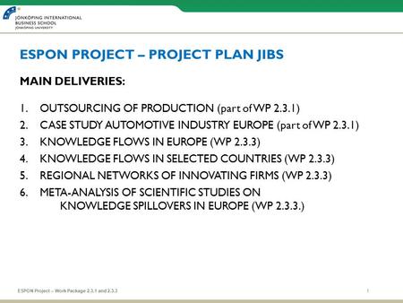 1ESPON Project – Work Package 2.3.1 and 2.3.3 ESPON PROJECT – PROJECT PLAN JIBS MAIN DELIVERIES: 1.OUTSOURCING OF PRODUCTION (part of WP 2.3.1) 2.CASE.