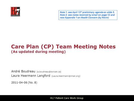 Care Plan (CP) Team Meeting Notes (As updated during meeting) André Boudreau Laura Heermann Langford