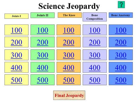 Science Jeopardy 100 200 300 400 500 100 200 300 400 500 100 200 300 400 500 100 200 300 400 500 100 200 300 400 500 Joints I Joints II The KneeBone Composition.