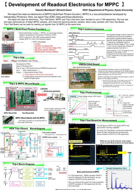 6mm 【 Development of Readout Electronics for MPPC 】 We report the read out electronics of MPPC( Multi-Pixel Photon Counter ). MPPC is a new photodetector.