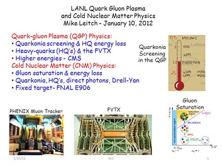 LANL Quark Gluon Plasma and Cold Nuclear Matter Physics Mike Leitch - January 10, 2012 Quark-gluon Plasma (QGP) Physics: Quarkonia screening & HQ energy.
