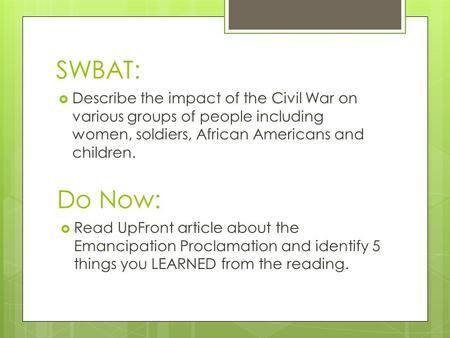 SWBAT:  Read UpFront article about the Emancipation Proclamation and identify 5 things you LEARNED from the reading. Do Now:  Describe the impact of.