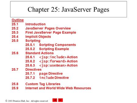 2003 Prentice Hall, Inc. All rights reserved. Chapter 25: JavaServer Pages Outline 25.1 Introduction 25.2 JavaServer Pages Overview 25.3 First JavaServer.