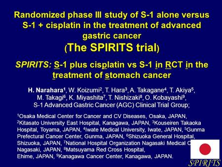 Randomized phase III study of S-1 alone versus S-1 + cisplatin in the treatment of advanced gastric cancer ( The SPIRITS trial ) SPIRITS: S-1 plus cisplatin.
