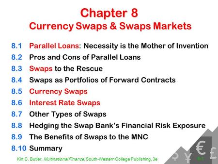 Kirt C. Butler, Multinational Finance, South-Western College Publishing, 3e 8-1 Chapter 8 Currency Swaps & Swaps Markets 8.1Parallel Loans: Necessity is.