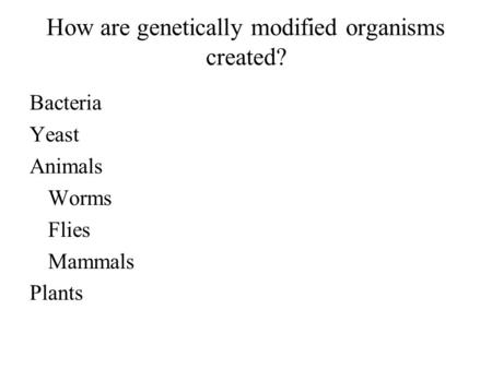 How are genetically modified organisms created? Bacteria Yeast Animals Worms Flies Mammals Plants.