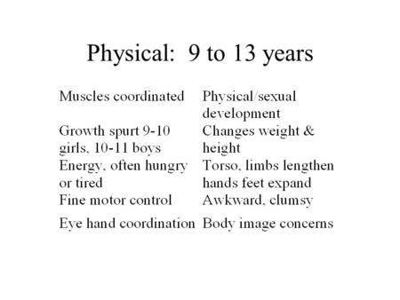 Physical: 9 to 13 years. Later in phase: Range of individual differences increases Maturation of central nervous system incomplete until 15-16 years.