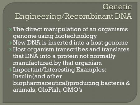  The direct manipulation of an organisms genome using biotechnology  New DNA is inserted into a host genome  Host organism transcribes and translates.