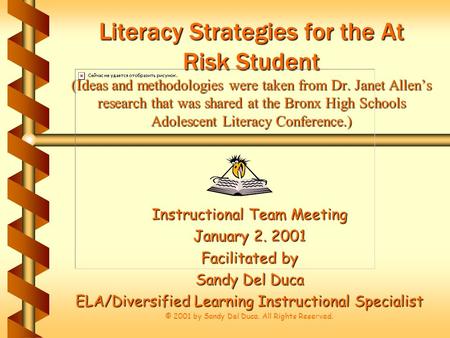 Literacy Strategies for the At Risk Student (Ideas and methodologies were taken from Dr. Janet Allen’s research that was shared at the Bronx High Schools.