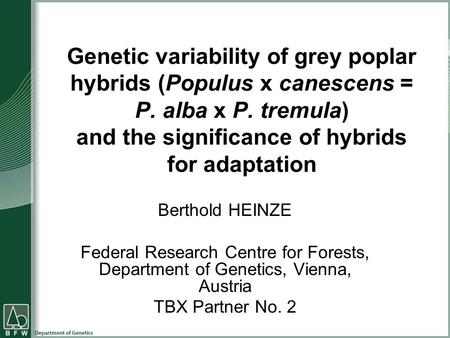 Genetic variability of grey poplar hybrids (Populus x canescens = P. alba x P. tremula) and the significance of hybrids for adaptation Berthold HEINZE.