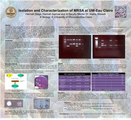 Isolation and Characterization of MRSA at UW-Eau Claire Hannah Stage, Hannah Samuel and  Faculty Mentor Dr. Sasha Showsh  Biology  University of Wisconsin-Eau.