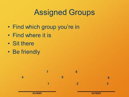 Assigned Groups Find which group you’re in Find where it is Sit there Be friendly screen 123 45 6 78.