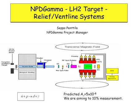 NPDGamma - LH2 Target - Relief/Ventline Systems Seppo Penttila NPDGamma Project Manager Predicted A  =5x10 -8 We are aiming to 10% measurement.