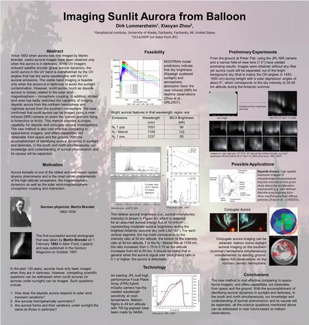 Imaging Sunlit Aurora from Balloon Dirk Lummerzheim 1, Xiaoyan Zhou 2, 1 Geophysical Institute, University of Alaska, Fairbanks, Fairbanks, AK, United.