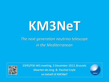 KM3NeT ESFRI/PSE-WG meeting, 3 December 2013, Brussels Maarten de Jong & Paschal Coyle on behalf of KM3NeT 1 The next generation neutrino telescope in.