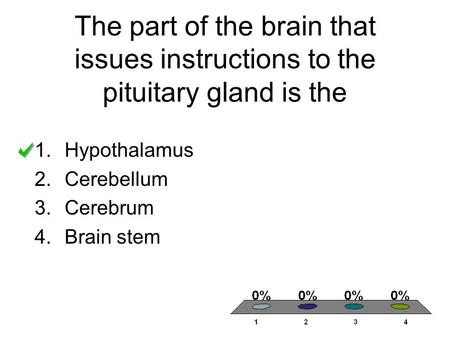 The part of the brain that issues instructions to the pituitary gland is the 1.Hypothalamus 2.Cerebellum 3.Cerebrum 4.Brain stem.