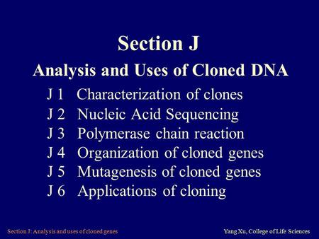 Section J Analysis and Uses of Cloned DNA J 1 Characterization of clones J 2 Nucleic Acid Sequencing J 3 Polymerase chain reaction.
