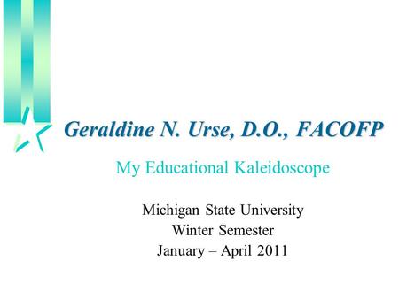 Geraldine N. Urse, D.O., FACOFP My Educational Kaleidoscope Michigan State University Winter Semester January – April 2011.