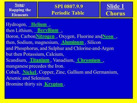 Song: Rapping the Elements Hydrogen,, then Lithium,, Boron, Carbon,, Oxygen, Fluorine and _____, then, Sodium, magnesium,, Silicon and Phosphorus, and.