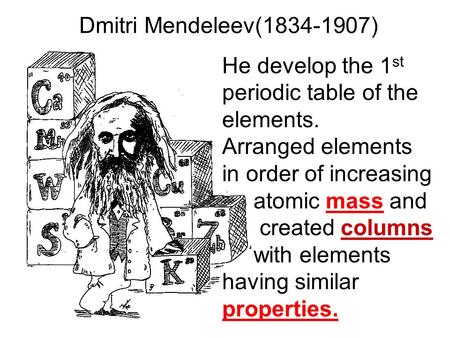 Dmitri Mendeleev( ) He develop the 1st periodic table of the elements.