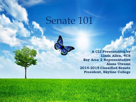 Senate 101 A CLI Presentation by Linda Allen, 4CS Bay Area 2 Representative Alana Utsumi 2014-2015 Classified Senate President, Skyline College.