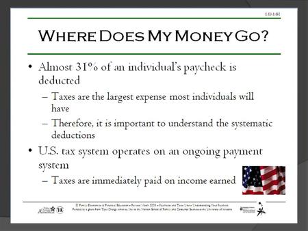 Where Does Your Paycheck Money Go?  Almost 31% of an individual’s paycheck is deducted Taxes are the largest expense most individuals will have Therefore,