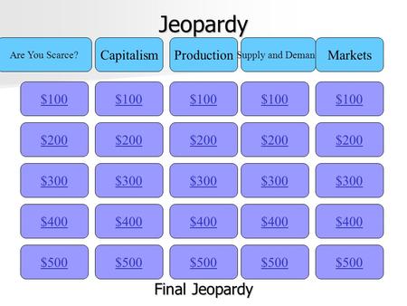 Jeopardy $100 Are You Scarce? CapitalismProduction Supply and Demand Markets $200 $300 $400 $500 $400 $300 $200 $100 $500 $400 $300 $200 $100 $500 $400.