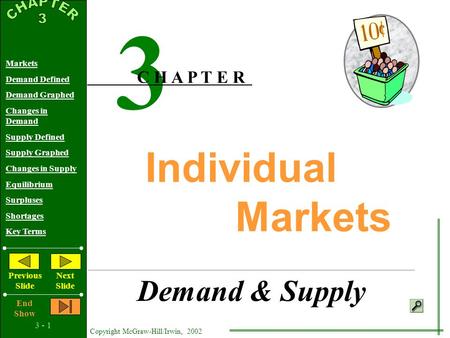 3 - 1 Copyright McGraw-Hill/Irwin, 2002 Markets Demand Defined Demand Graphed Changes in Demand Supply Defined Supply Graphed Changes in Supply Equilibrium.