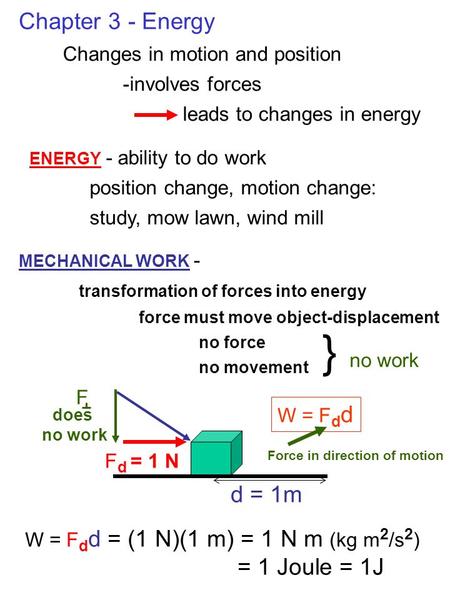 Chapter 3 - Energy Changes in motion and position -involves forces leads to changes in energy ENERGY - ability to do work position change, motion change: