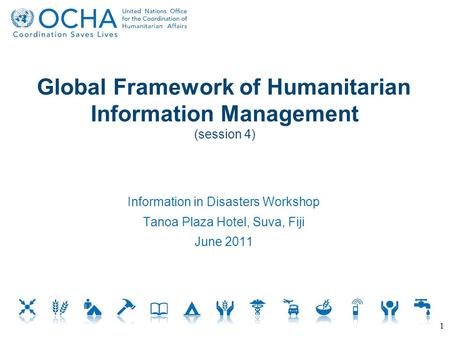Global Framework of Humanitarian Information Management (session 4) Information in Disasters Workshop Tanoa Plaza Hotel, Suva, Fiji June 2011 1.