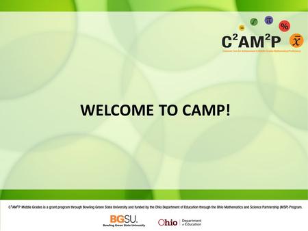 WELCOME TO CAMP!. Introductions Dr. Jonathan Bostic, Assistant Professor of Mathematics Education, BGSU, PI Dr. Gabriel Matney, Associate Professor of.