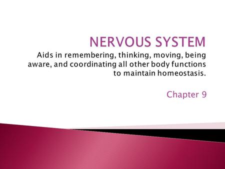 Chapter 9.  Central Nervous System (CNS)  Brain and spinal cord  Peripheral Nervous System (PNS) ◦ nerves.
