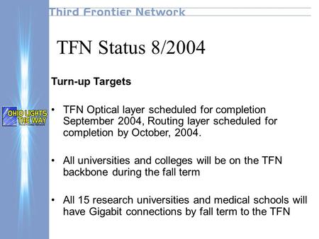 TFN Status 8/2004 Turn-up Targets TFN Optical layer scheduled for completion September 2004, Routing layer scheduled for completion by October, 2004. All.