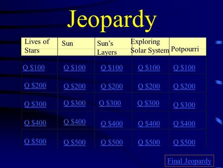 Jeopardy Lives of Stars SunSun’s Layers Exploring Solar System Potpourri Q $100 Q $200 Q $300 Q $400 Q $500 Q $100 Q $200 Q $300 Q $400 Q $500 Final Jeopardy.