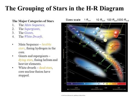 The Grouping of Stars in the H-R Diagram The Major Categories of Stars 1.The Main Sequence, 2.The Supergiants, 3.The Giants, 4.The White Dwarfs. Main Sequence.