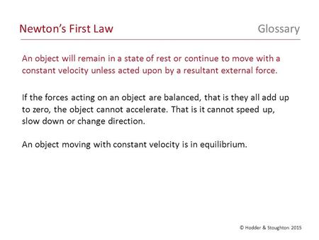 An object will remain in a state of rest or continue to move with a constant velocity unless acted upon by a resultant external force. If the forces acting.