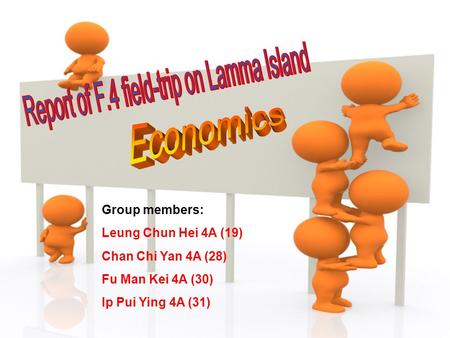 Group members: Leung Chun Hei 4A (19) Chan Chi Yan 4A (28) Fu Man Kei 4A (30) Ip Pui Ying 4A (31)