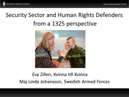 Eva Zillen, Kvinna till Kvinna Maj Linda Johansson, Swedish Armed Forces Security Sector and Human Rights Defenders from a 1325 perspective.
