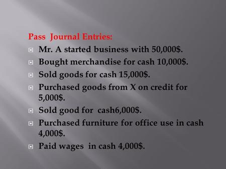 Pass Journal Entries:  Mr. A started business with 50,000$.  Bought merchandise for cash 10,000$.  Sold goods for cash 15,000$.  Purchased goods from.
