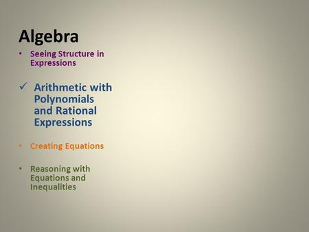 Algebra Seeing Structure in Expressions Arithmetic with Polynomials and Rational Expressions Creating Equations Reasoning with Equations and Inequalities.