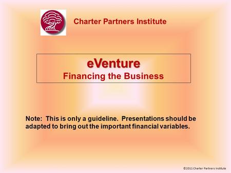 Charter Partners Institute eVenture Financing the Business Note: This is only a guideline. Presentations should be adapted to bring out the important financial.