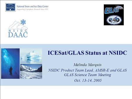ICESat/GLAS Status at NSIDC Melinda Marquis NSIDC Product Team Lead, AMSR-E and GLAS GLAS Science Team Meeting Oct. 13-14, 2005.