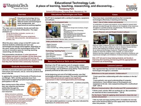 Yeonjeong Park School of Education, Virginia Tech. Blacksburg, VA Educational Technology Lab : A place of learning, teaching, researching, and discovering…