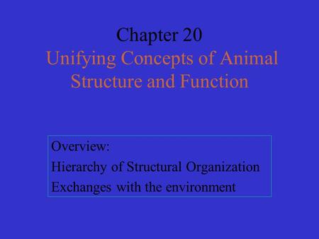 Chapter 20 Unifying Concepts of Animal Structure and Function Overview: Hierarchy of Structural Organization Exchanges with the environment.