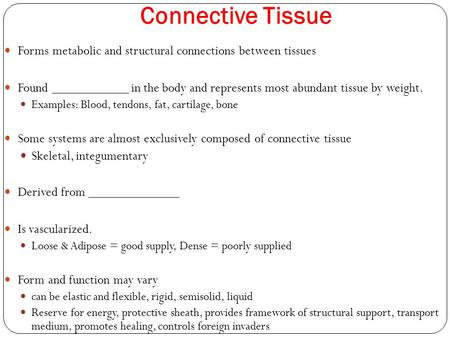Connective Tissue Forms metabolic and structural connections between tissues Found ___________ in the body and represents most abundant tissue by weight.