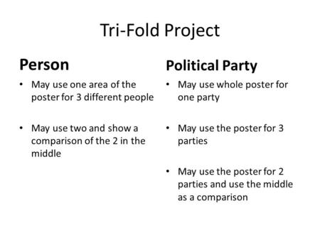 Tri-Fold Project Person May use one area of the poster for 3 different people May use two and show a comparison of the 2 in the middle Political Party.