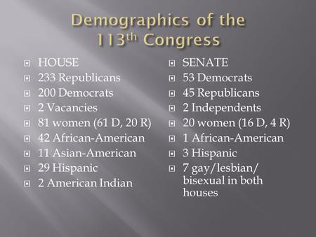 HOUSE  233 Republicans  200 Democrats  2 Vacancies  81 women (61 D, 20 R)  42 African-American  11 Asian-American  29 Hispanic  2 American Indian.