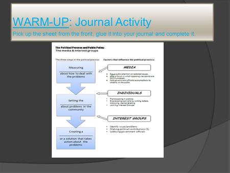 WARM-UP: Journal Activity Pick up the sheet from the front, glue it into your journal and complete it.