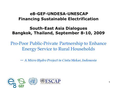E8-GEF-UNDESA-UNESCAP Financing Sustainable Electrification South-East Asia Dialogues Bangkok, Thailand, September 8-10, 2009 Pro-Poor Public-Private Partnership.