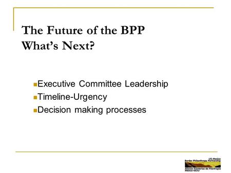 The Future of the BPP What’s Next? Executive Committee Leadership Timeline-Urgency Decision making processes.